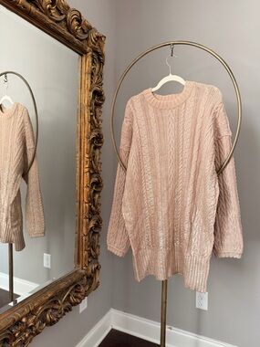 Free People Gold Shimmer Cable Knit Crewneck Sweater